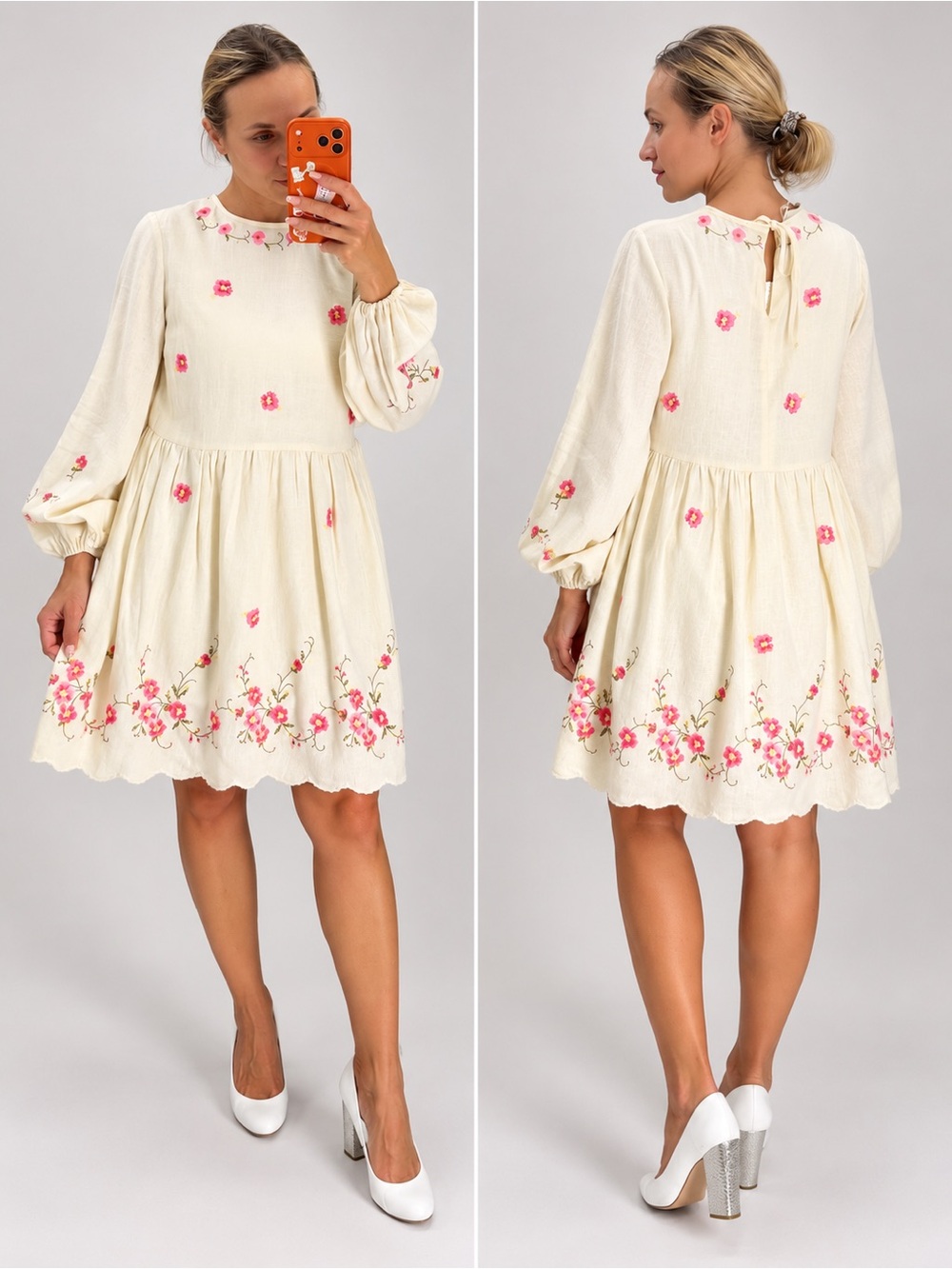 Caroline Constas Zelle Cream LinenMini Dress Pink Floral Cross Stitch XS NWT